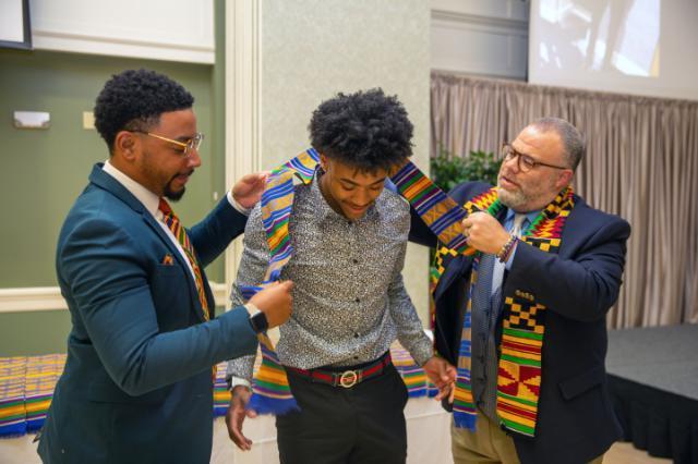 Donning of the Kente is a rite of passage recognizing seniors who have had an impact on diversity, equity, and inclusion at Longwood